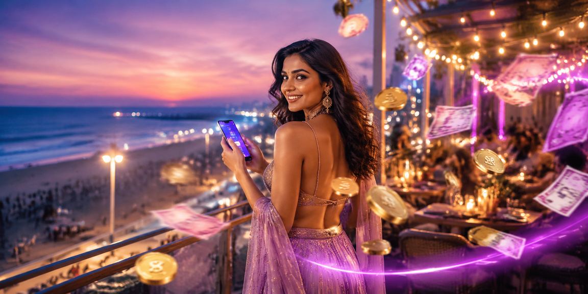 Scenic Marina Beach with a stylish Indian woman promoting activa110 betting